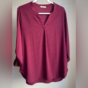 Women's V-Neck 3/4 Sleeve Blouse - Deep Berry